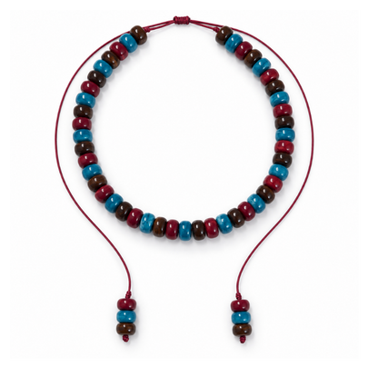 Bordeaux, teal and chocolate-brown beaded necklace with a sliding bordeaux cord and three beads on each end.