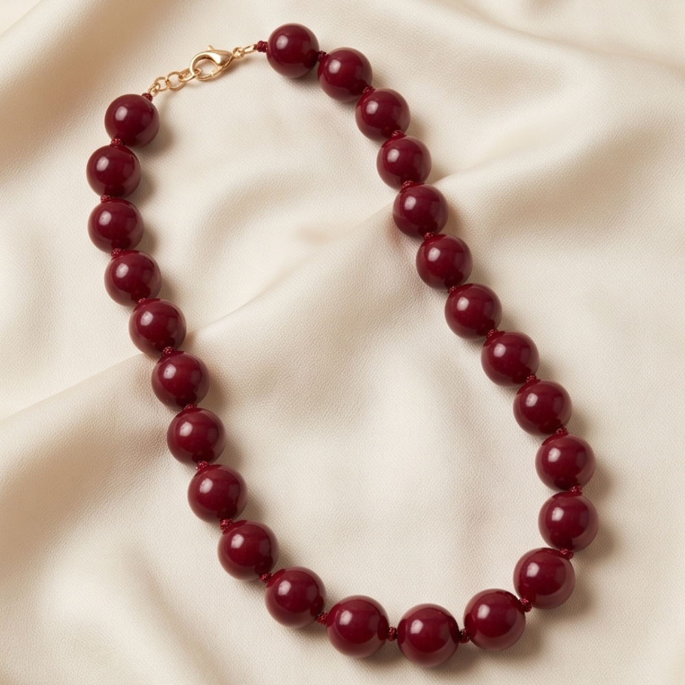 A beaded necklace made of glossy, deep burgundy red round beads with a gold-tone clasp, displayed on a draped cream satin fabric background.