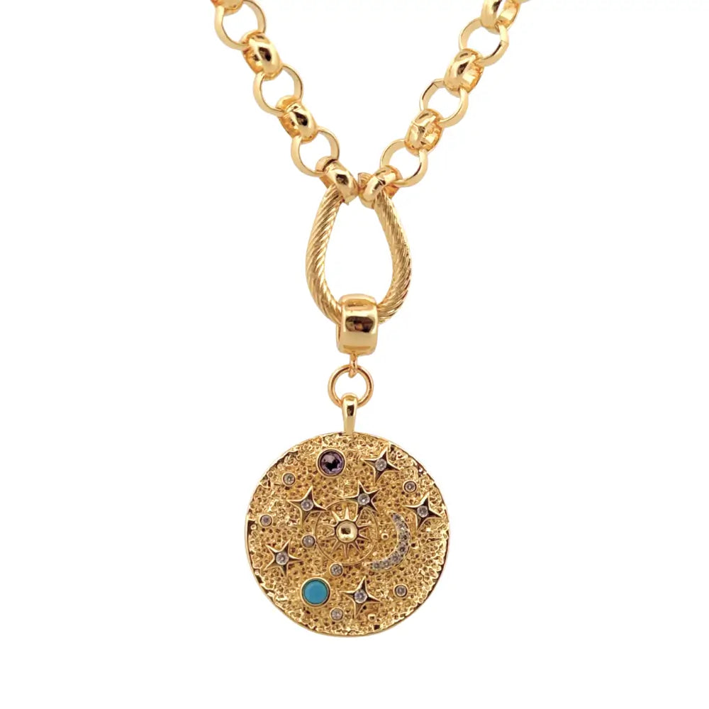 Gold necklace with a detailed pendant on a white background