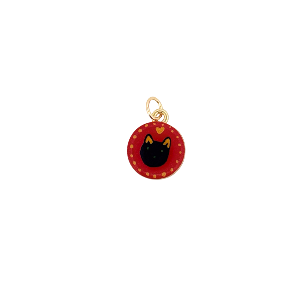 Black cat enamel charm on red background for personalized Charm Bar jewelry.