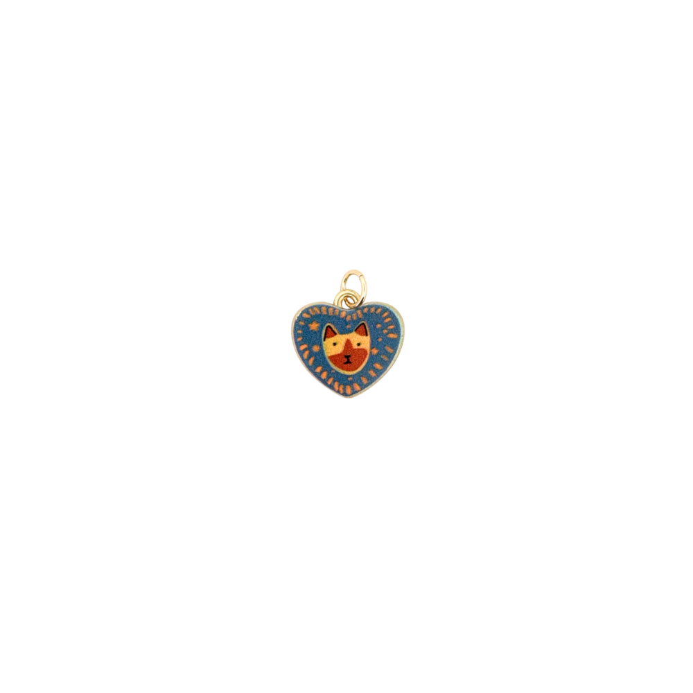 Blue heart enamel charm with cat illustration for personalized Charm Bar jewelry.