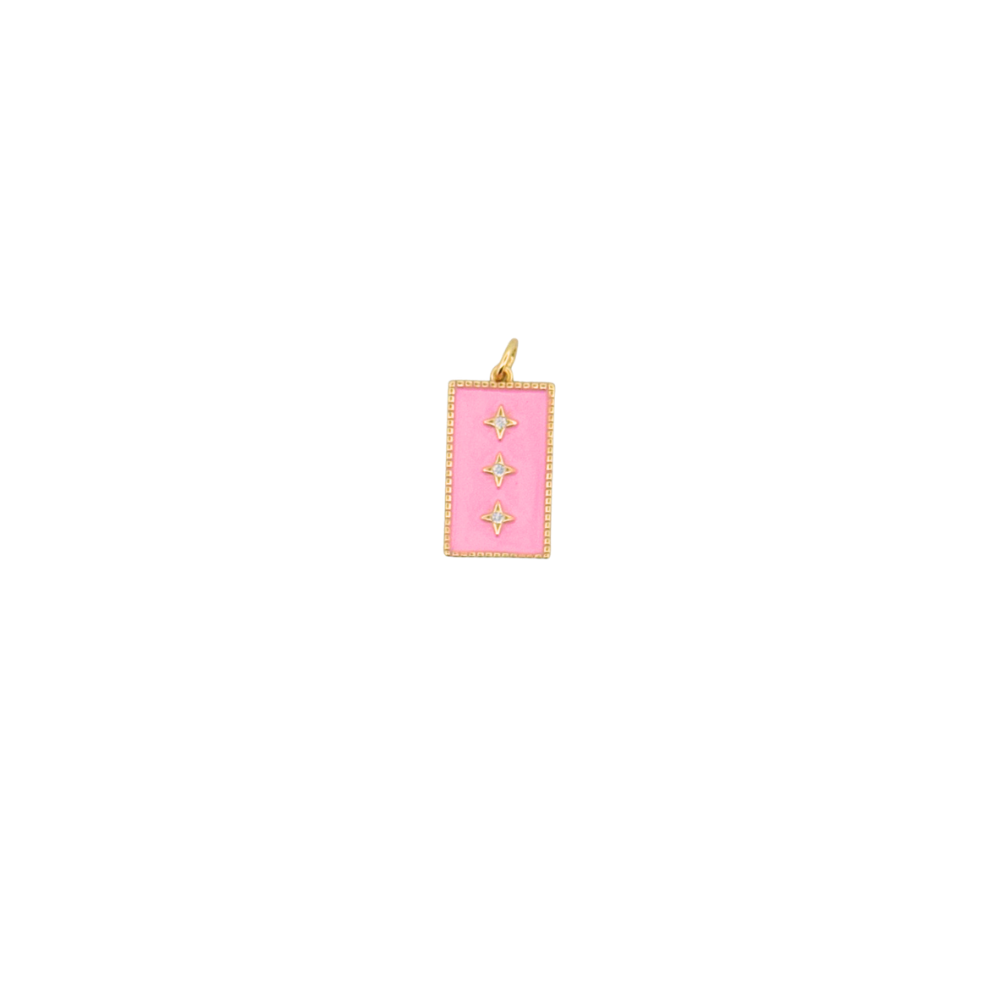 Pink rectangular charm with three sparkling stars for personalized Charm Bar jewelry.