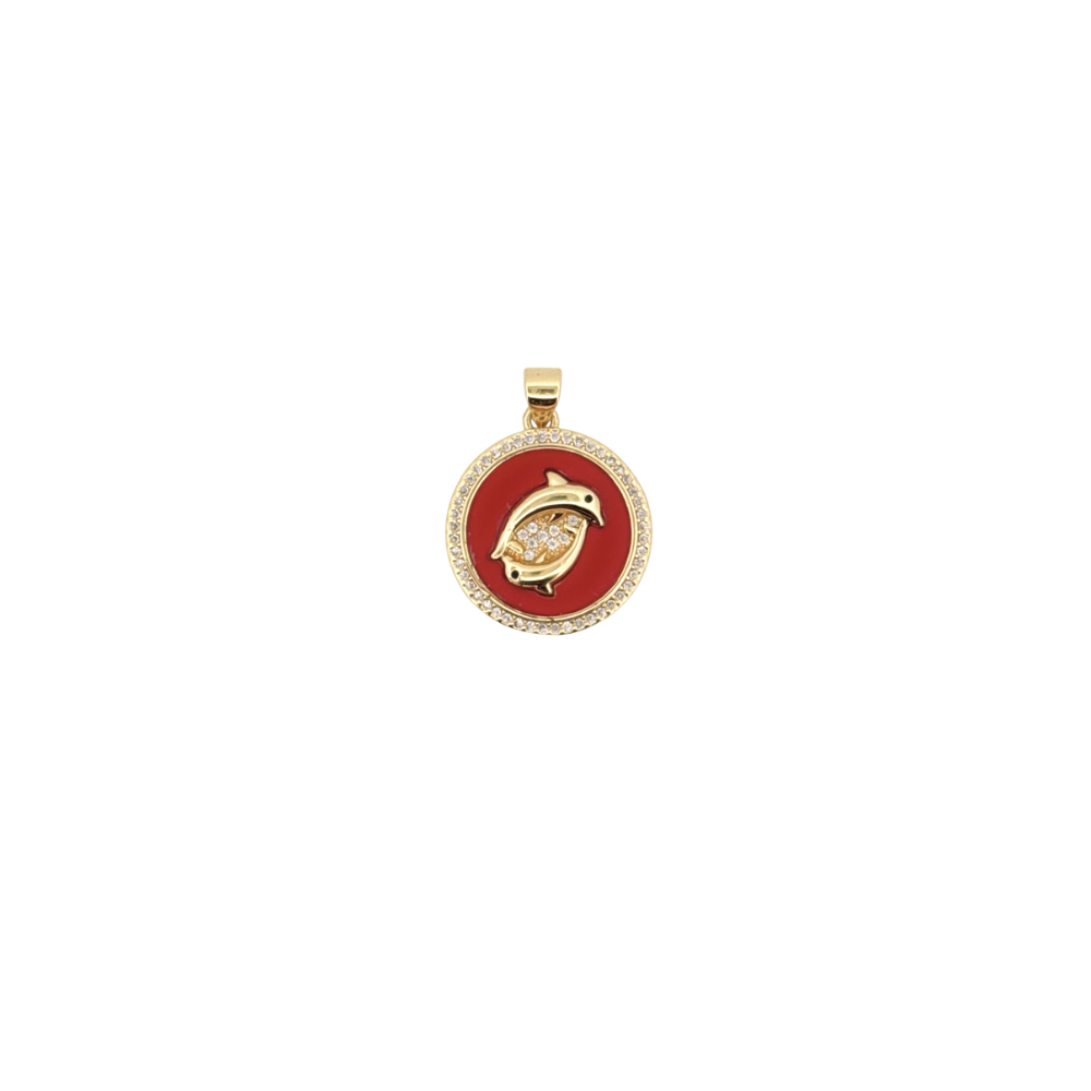 Red enamel dolphin disc charm with sparkling border for personalized Charm Bar jewelry.