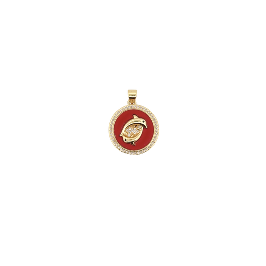 Red enamel dolphin disc charm with sparkling border for personalized Charm Bar jewelry.