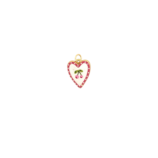 Heart-shaped enamel charm featuring cherries.