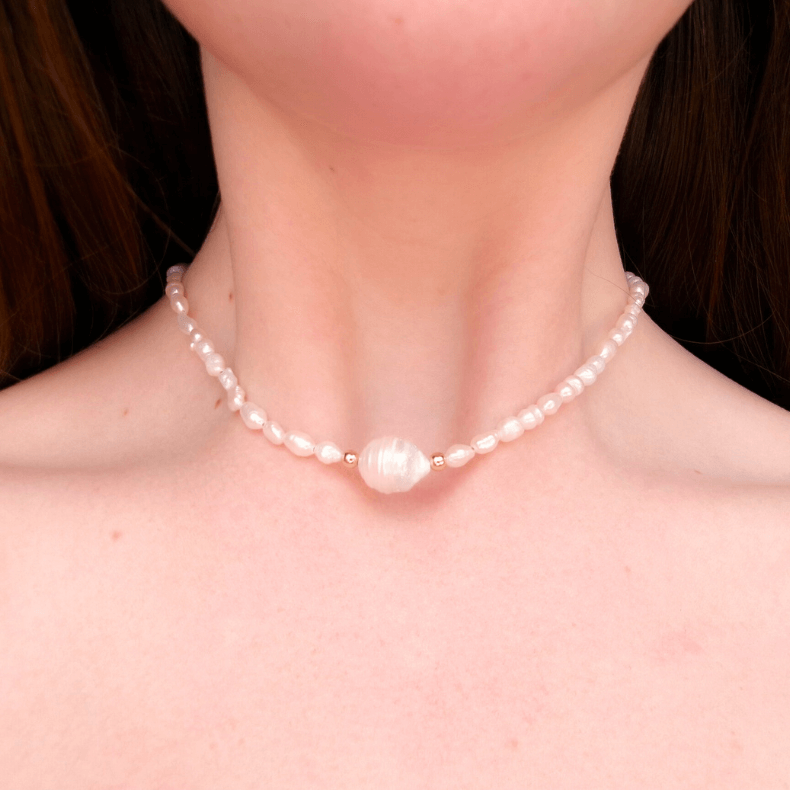Handmade Freshwater Pearl Choker Necklace with Gold Accents"