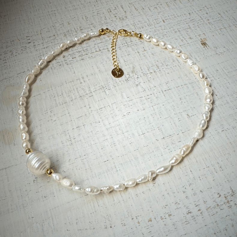 Handmade Freshwater Pearl Choker Necklace with Gold Accents"