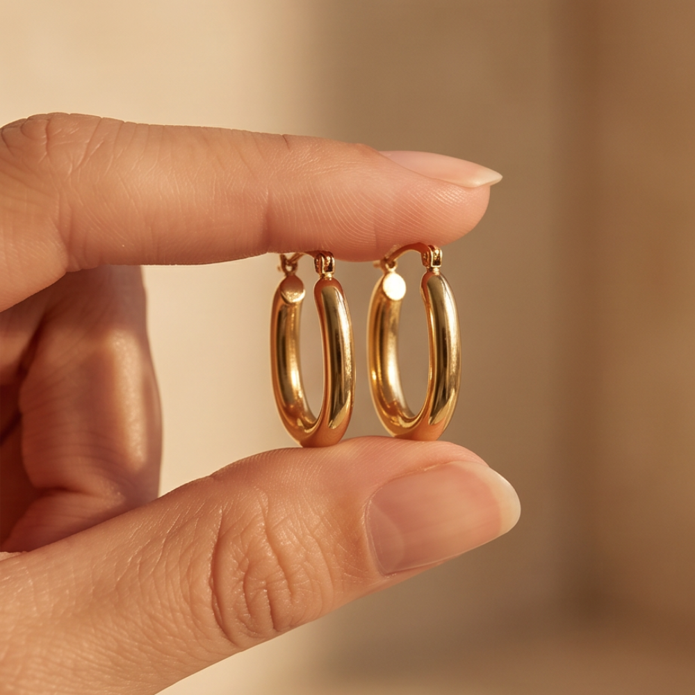 Gold hoop earrings held between fingers against a beige background