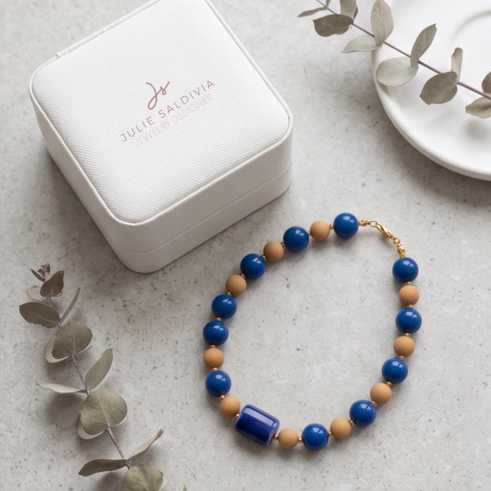 Cobalt Blue Candy Bead Necklace handcrafted by Julie Saldivia displayed inside luxury jewelry gift box