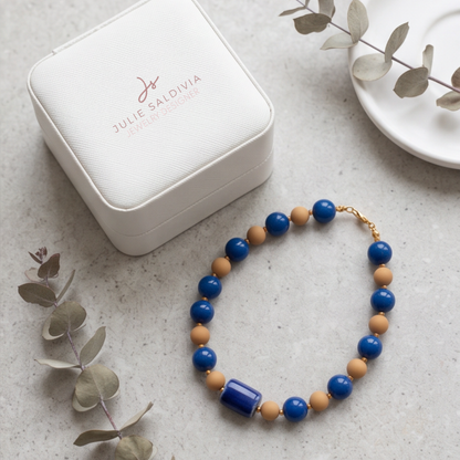Cobalt Blue Candy Bead Necklace handcrafted by Julie Saldivia displayed inside luxury jewelry gift box