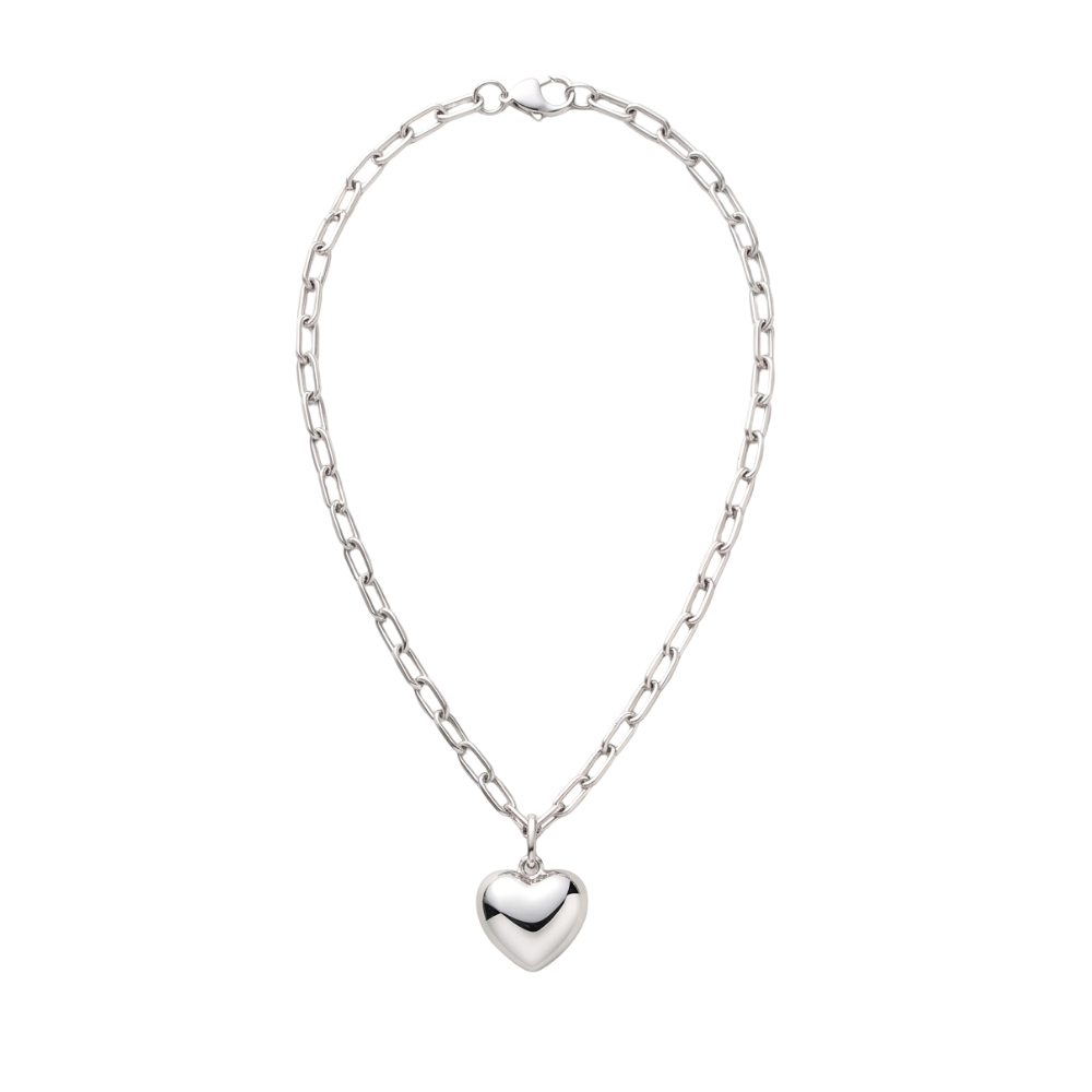 18-inch silver-plated paperclip chain necklace with a polished puffed heart pendant and lobster clasp on a white background.