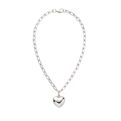 18-inch silver-plated paperclip chain necklace with a polished puffed heart pendant and lobster clasp on a white background.