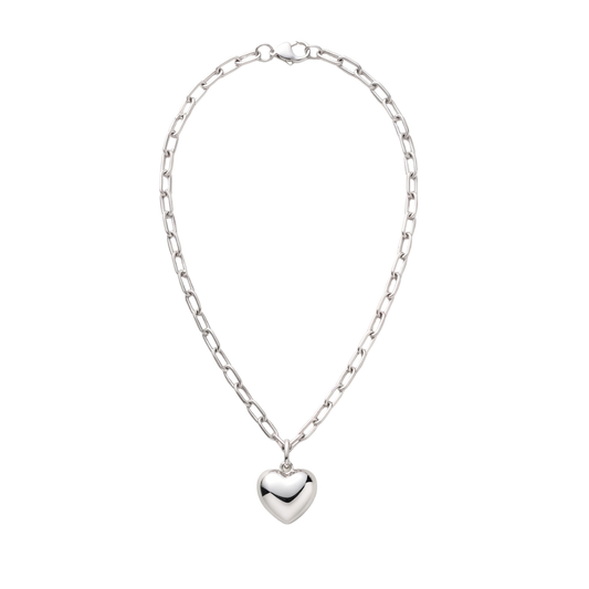 18-inch silver-plated paperclip chain necklace with a polished puffed heart pendant and lobster clasp on a white background.