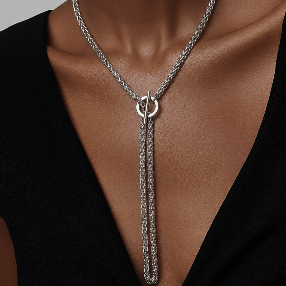 Convertible silver necklace styled as layered lariat chain necklace