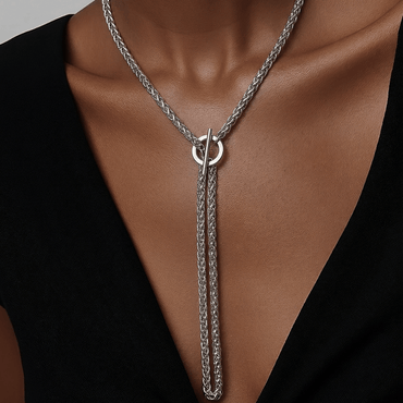 Convertible silver necklace styled as layered lariat chain necklace