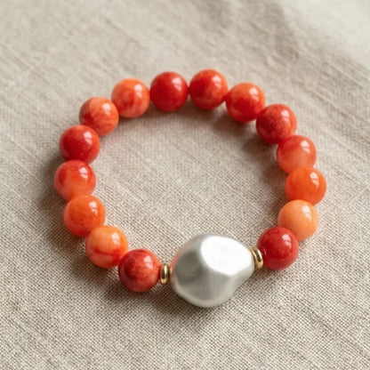 Coral beaded bracelet with baroque pearl handmade stretch bracelet