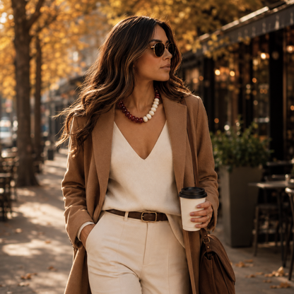 Woman wearing Crimson Ivory red and off-white statement necklace styled with a neutral fall outfit in an outdoor lifestyle setting
