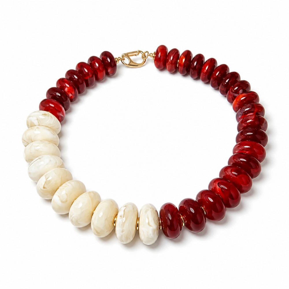 Crimson Ivory Necklace with crimson red and off-white acrylic beads, gold-plated spacers and gold-tone clasp