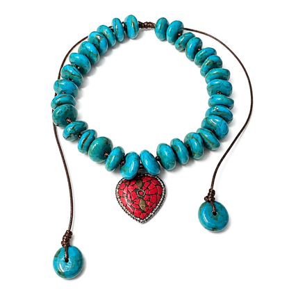 Crimson Relic adjustable necklace with turquoise-tone acrylic donut beads, red heart pendant and dark brown cord