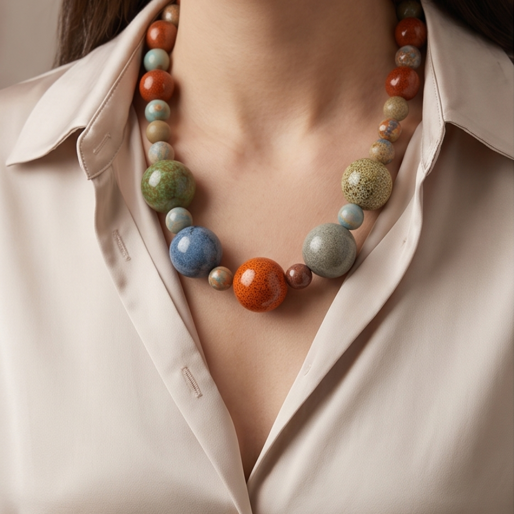 Model wearing earthy color ceramic beaded statement necklace with beige blouse