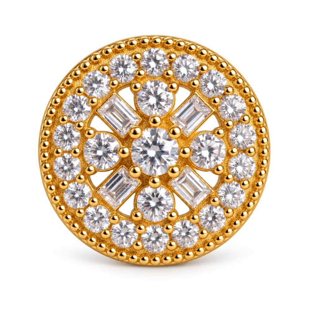 Close-up of an Éclat gold-tone stud earring with clear round and rectangular accents and a beaded border.