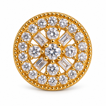 Close-up of an Éclat gold-tone stud earring with clear round and rectangular accents and a beaded border.