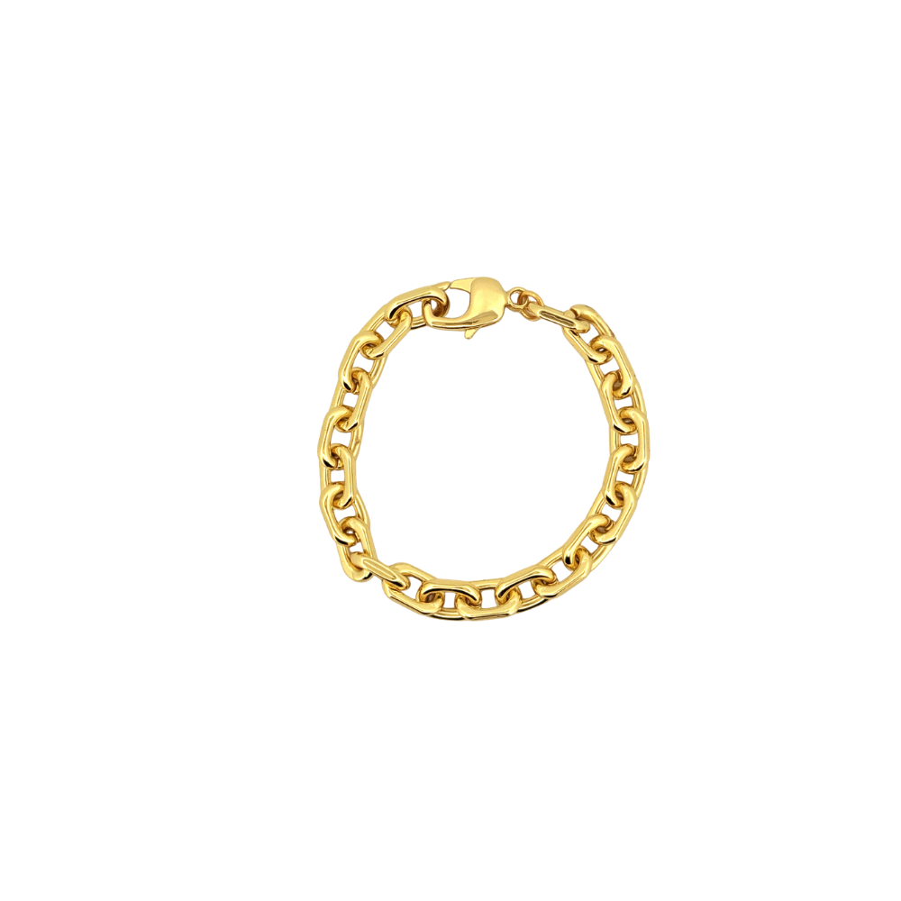 A gold chain bracelet with a lobster clasp, shown on a plain white background.
