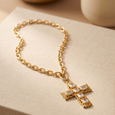 Élan Link Crystal Cross Necklace – 18K Gold Plated Statement Chain