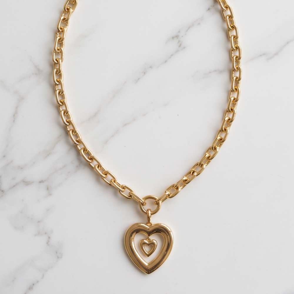 Élan Link 18-inch gold oval chain necklace with double heart pendant