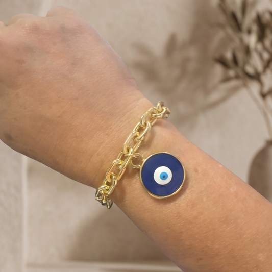 Élan Link gold oval chain bracelet with blue evil eye charm