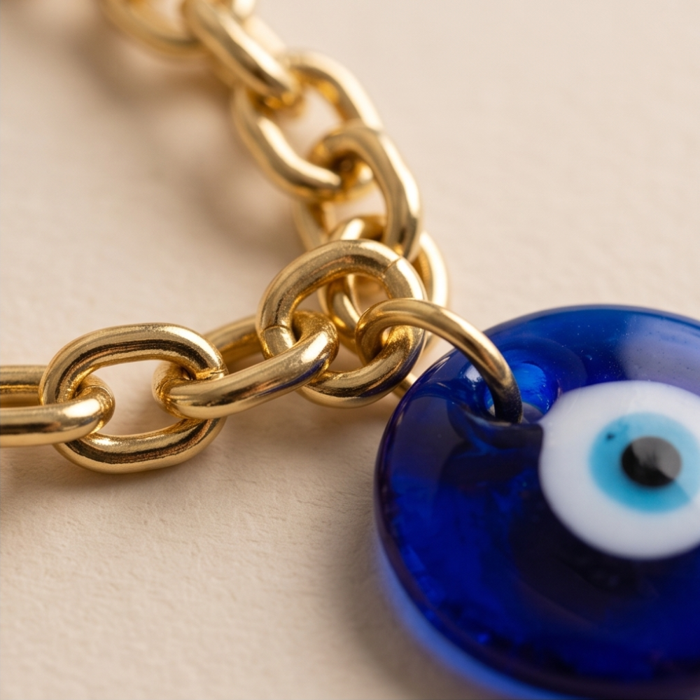 Close-up of Élan Link 18K gold plated chain necklace with blue glass evil eye charm