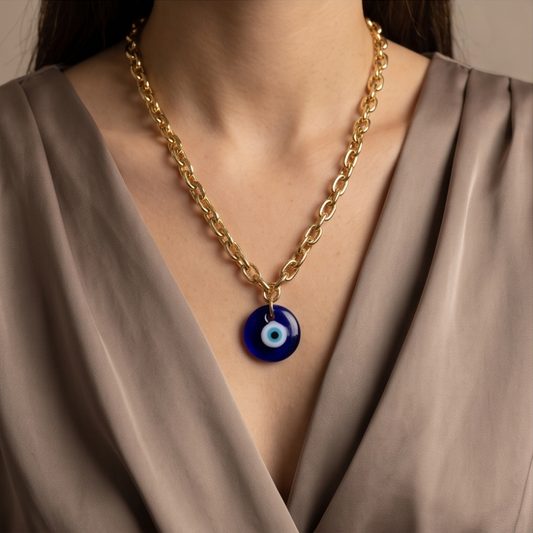 Woman wearing Élan Link 18K gold plated necklace with blue glass evil eye pendant