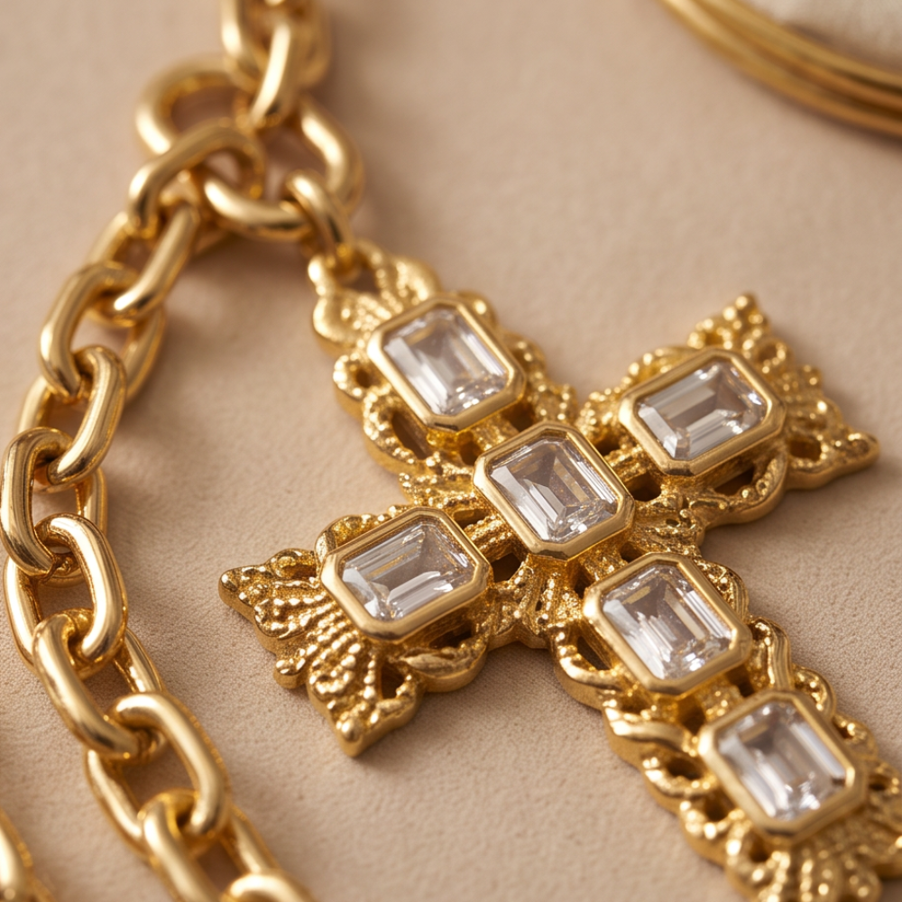 Élan Link Crystal Cross Necklace – 18K Gold Plated Statement Chain