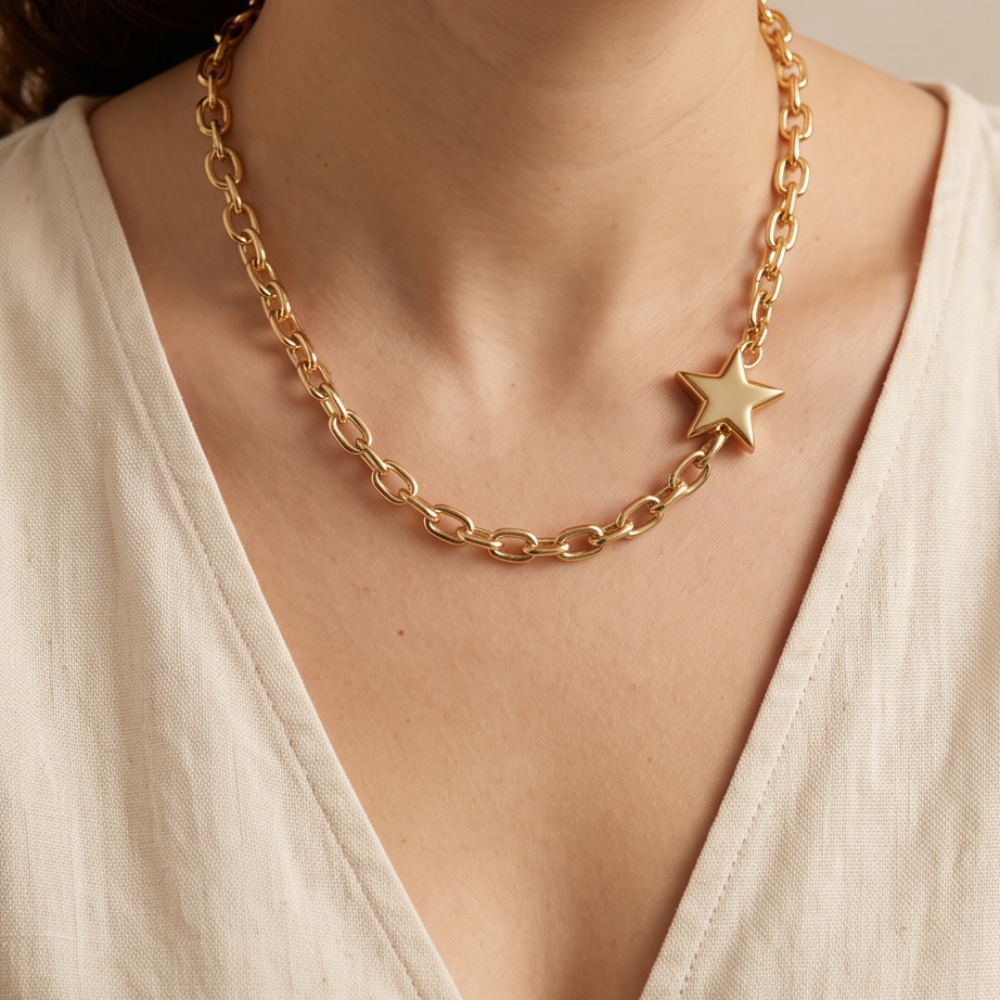 Woman wearing Élan Link 18K gold plated chain necklace with gold star detail