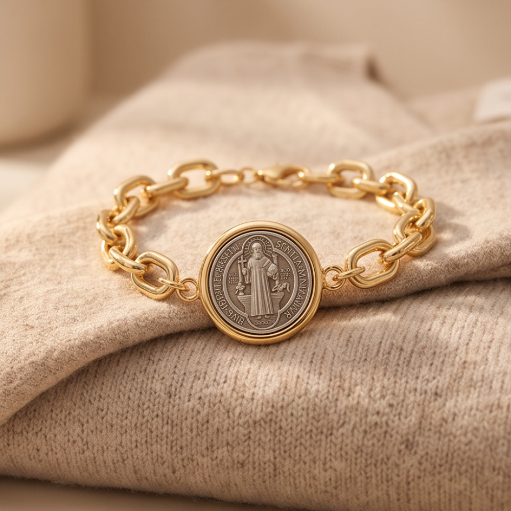 Élan Link Saint Benedict Bracelet crafted in 18K gold plated brass featuring a detailed Saint Benedict medal.