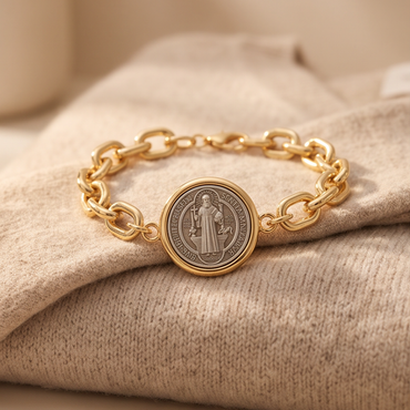 Élan Link Saint Benedict Bracelet crafted in 18K gold plated brass featuring a detailed Saint Benedict medal.