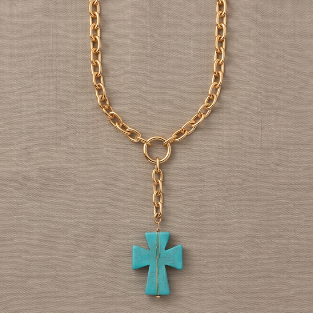 Élan Link 24-inch gold Y necklace with circular clasp and turquoise cross pendant