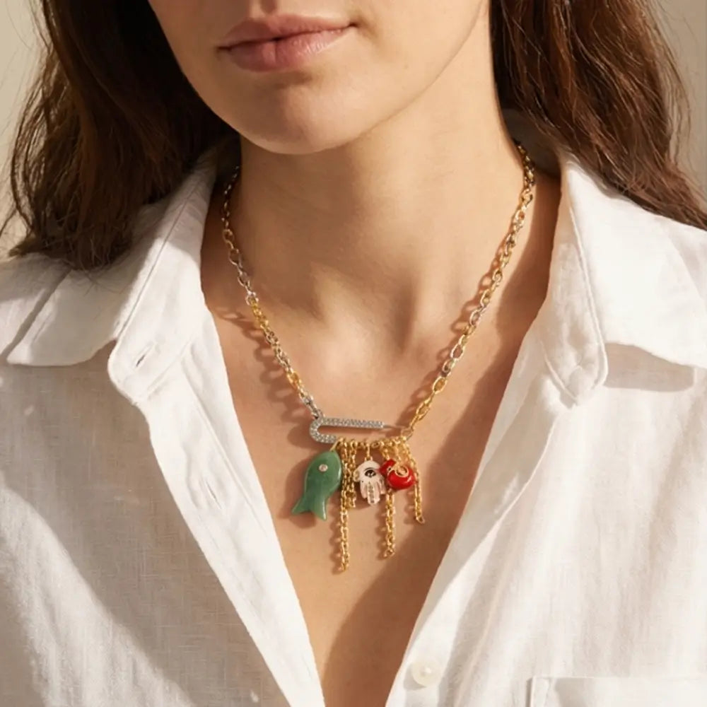 Protection & Abundance Charm Necklace – Evil Eye, Hamsa & Gold Charms