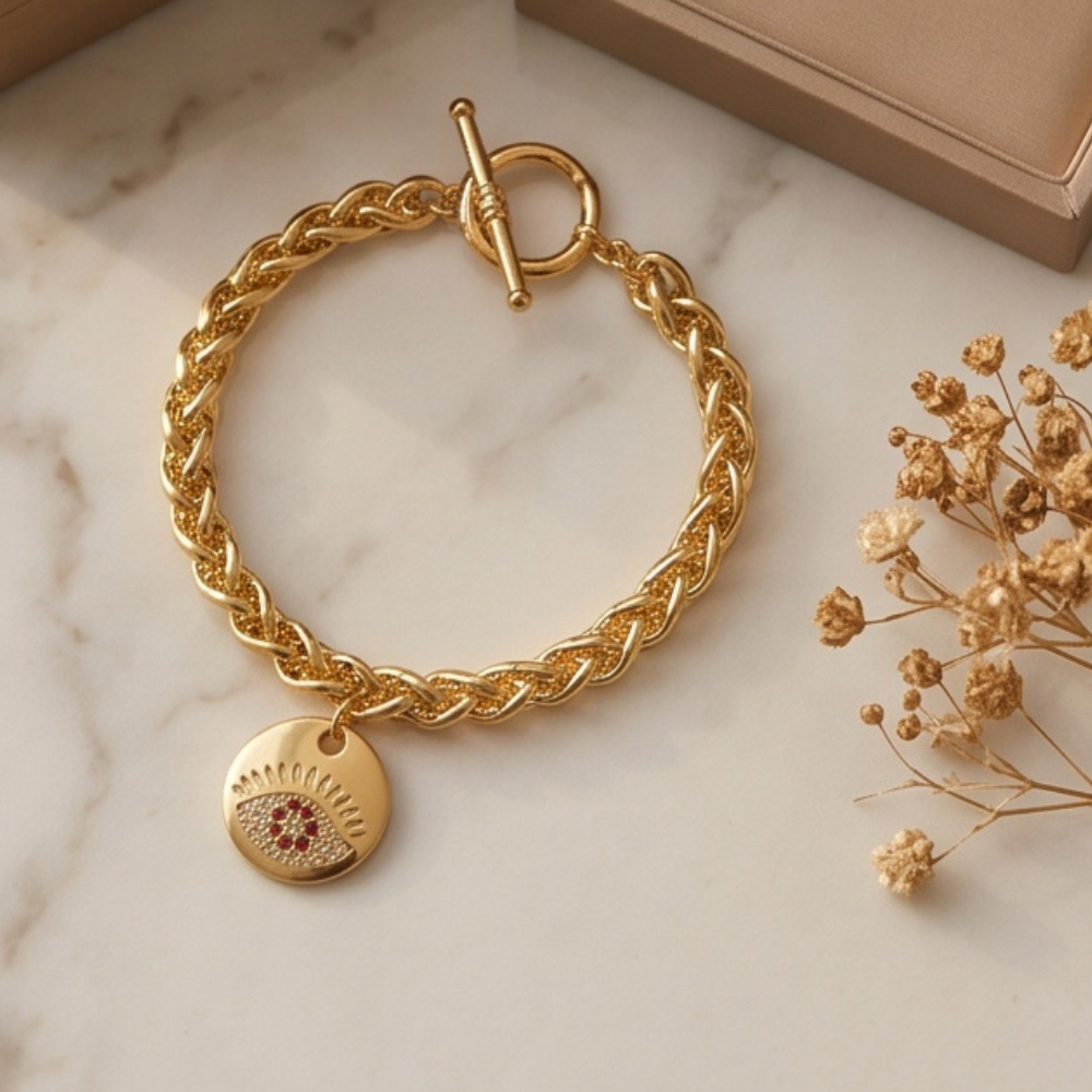 18K gold plated chunky chain bracelet with toggle clasp and evil eye charm