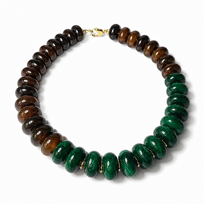 Forest Ember statement necklace with deep green and warm brown acrylic beads, gold-tone spacers and clasp
