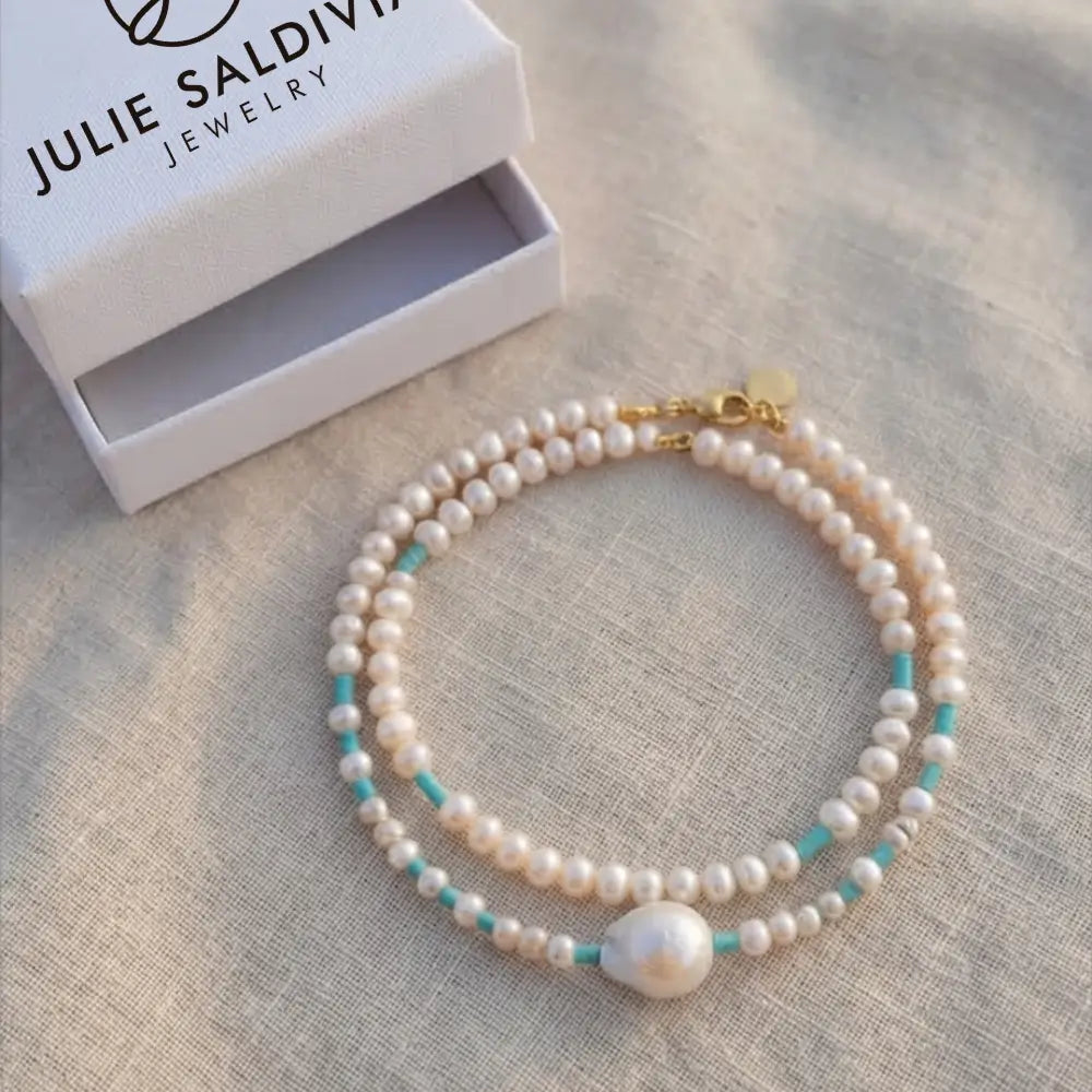 freshwater pearl turquoise necklace with Julie Saldivia jewelry box luxury handmade piece