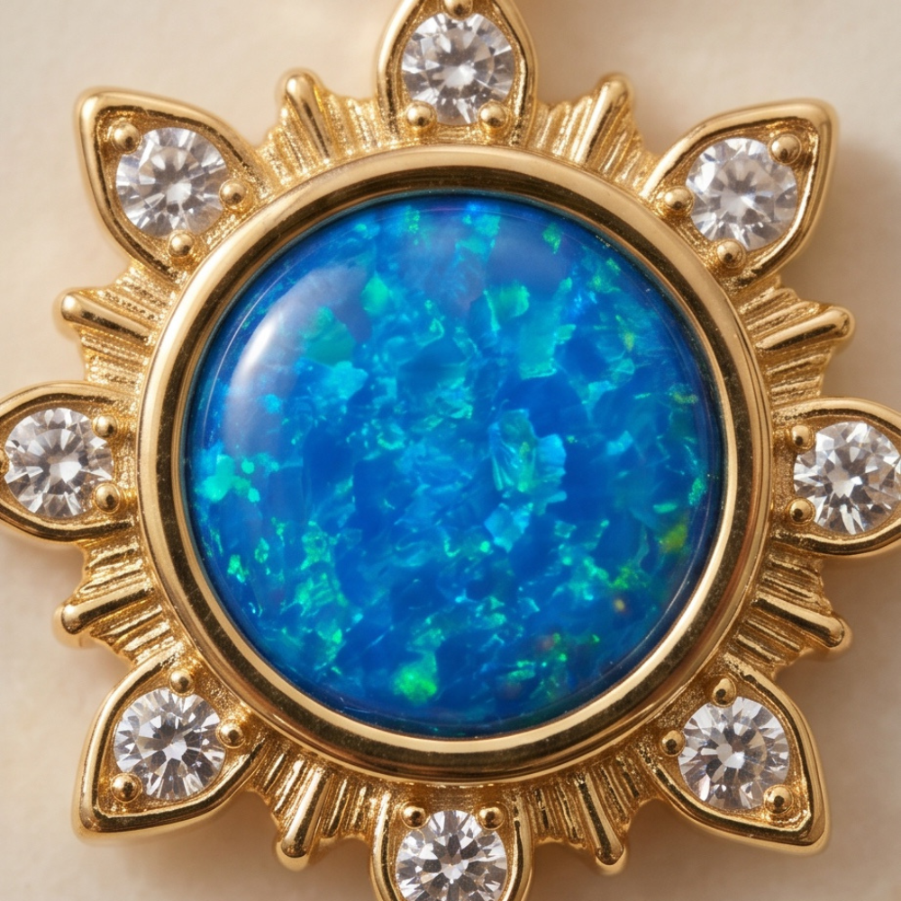 Close-up of gold sun pendant with blue opal center stone and clear CZ accents