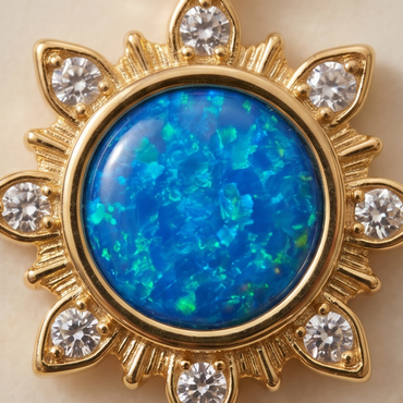 Close-up of gold sun pendant with blue opal center stone and clear CZ accents