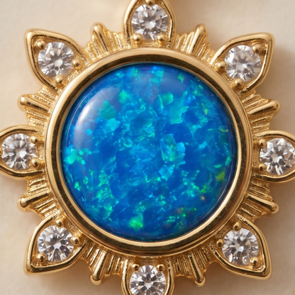 Close-up of gold sun pendant with blue opal center stone and clear CZ accents