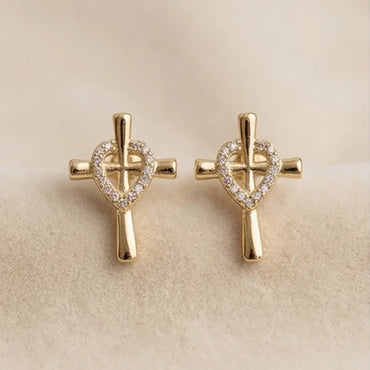 gold cross heart stud earrings minimalist design with crystals small gold earrings luxury jewelry