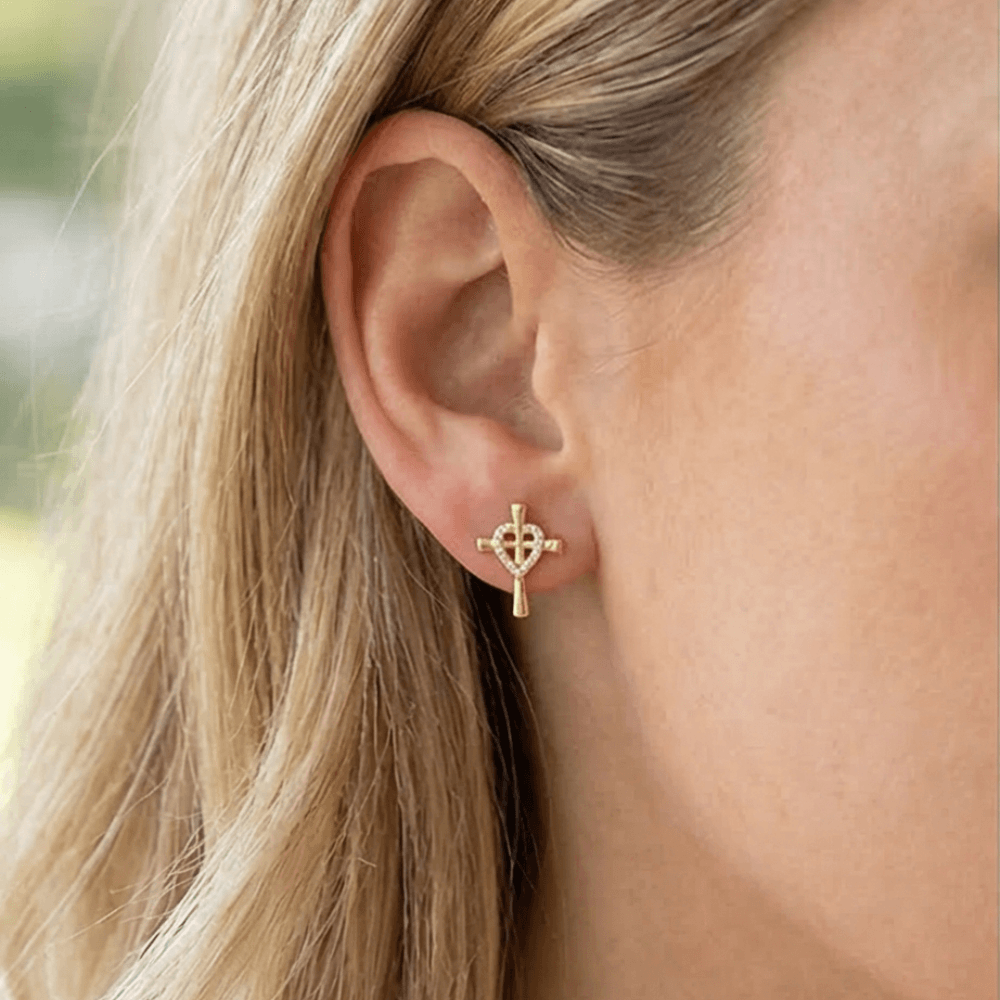 gold cross heart stud earrings on woman minimalist elegant jewelry small gold earrings