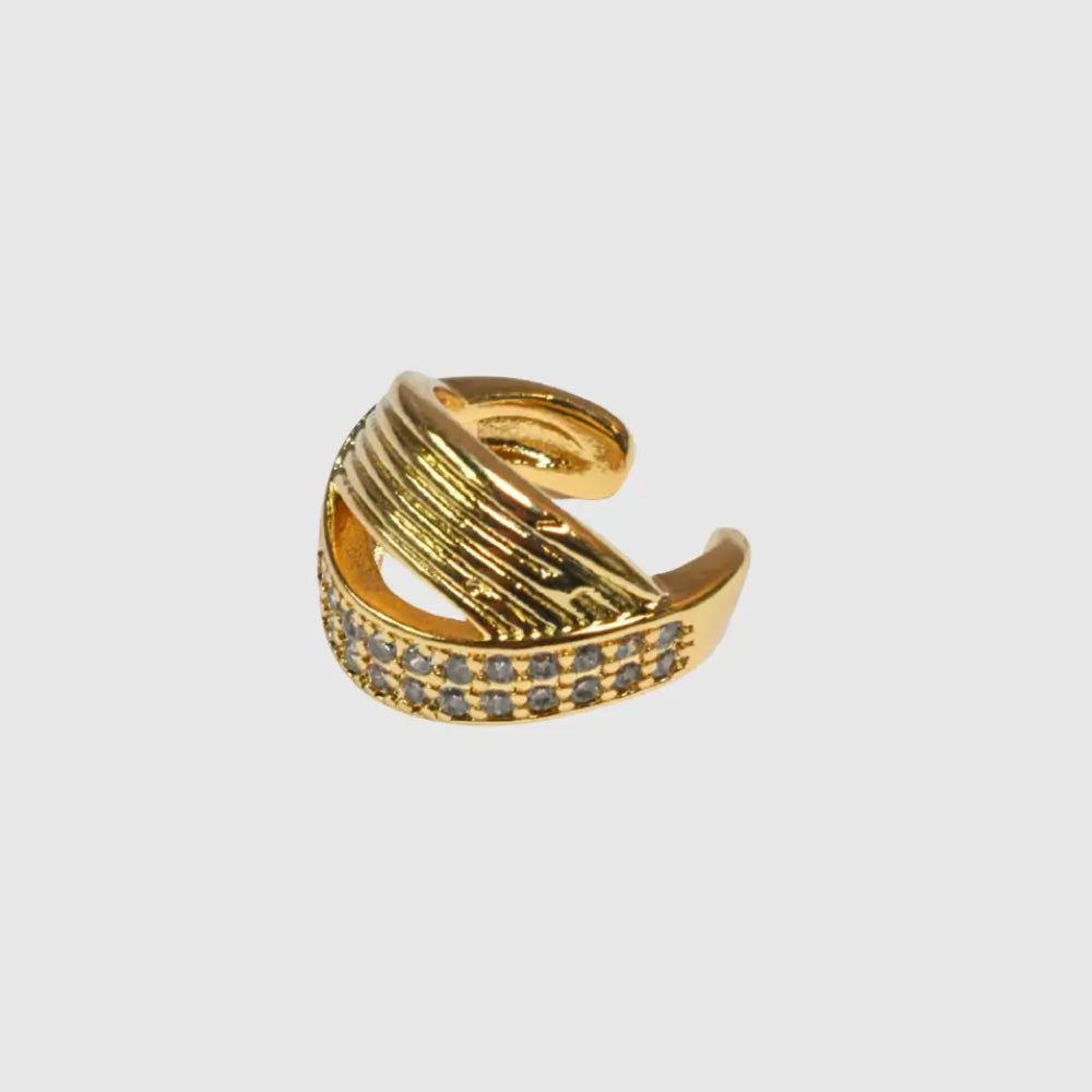 Gold crossover ear cuff with pavé micro crystals, no piercing
