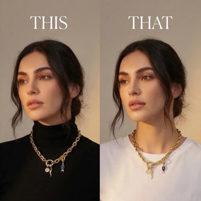 Two side-by-side images of a woman wearing a gold necklace with different backgrounds.