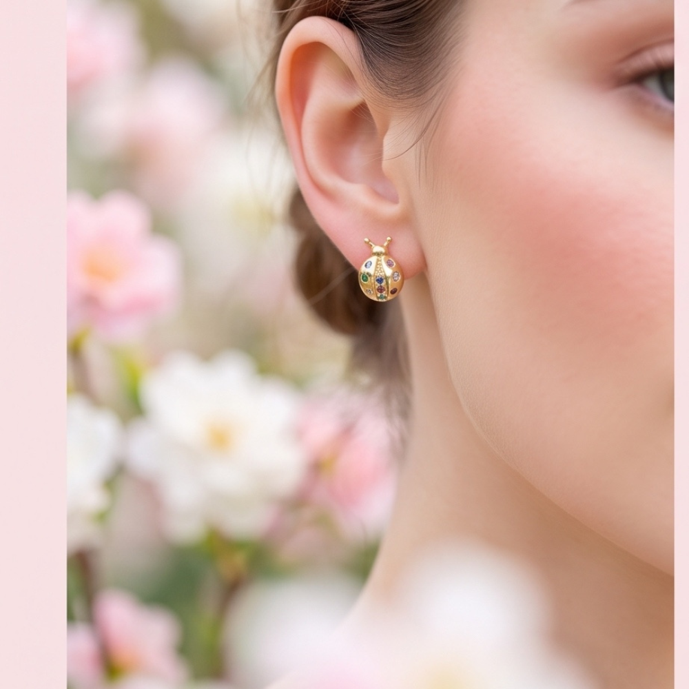 Model wearing gold plated ladybug stud earrings with multicolor stones