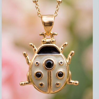 18K Gold Plated Ladybug Pendant Necklace with Enamel & Black CZ Stones